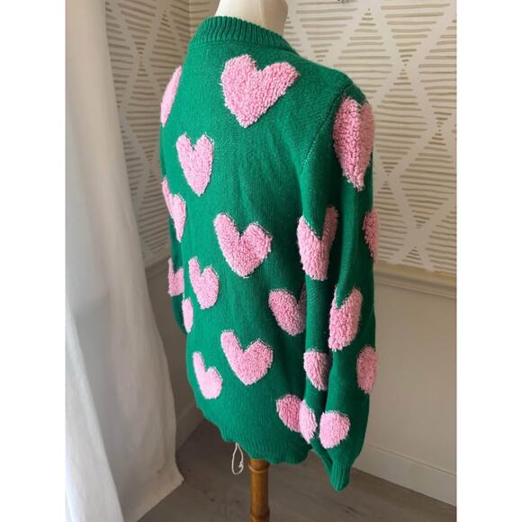 Pink Lily Women’s Small Green and Pink Heart Fuzzy Sweater - Picture 6 of 8